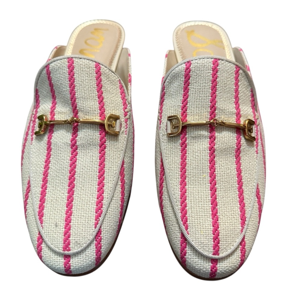 Sam Edelman Taffy Pink Stripe Canvas Linnie Bit Mules Size 7.5 - Picture 2 of 9